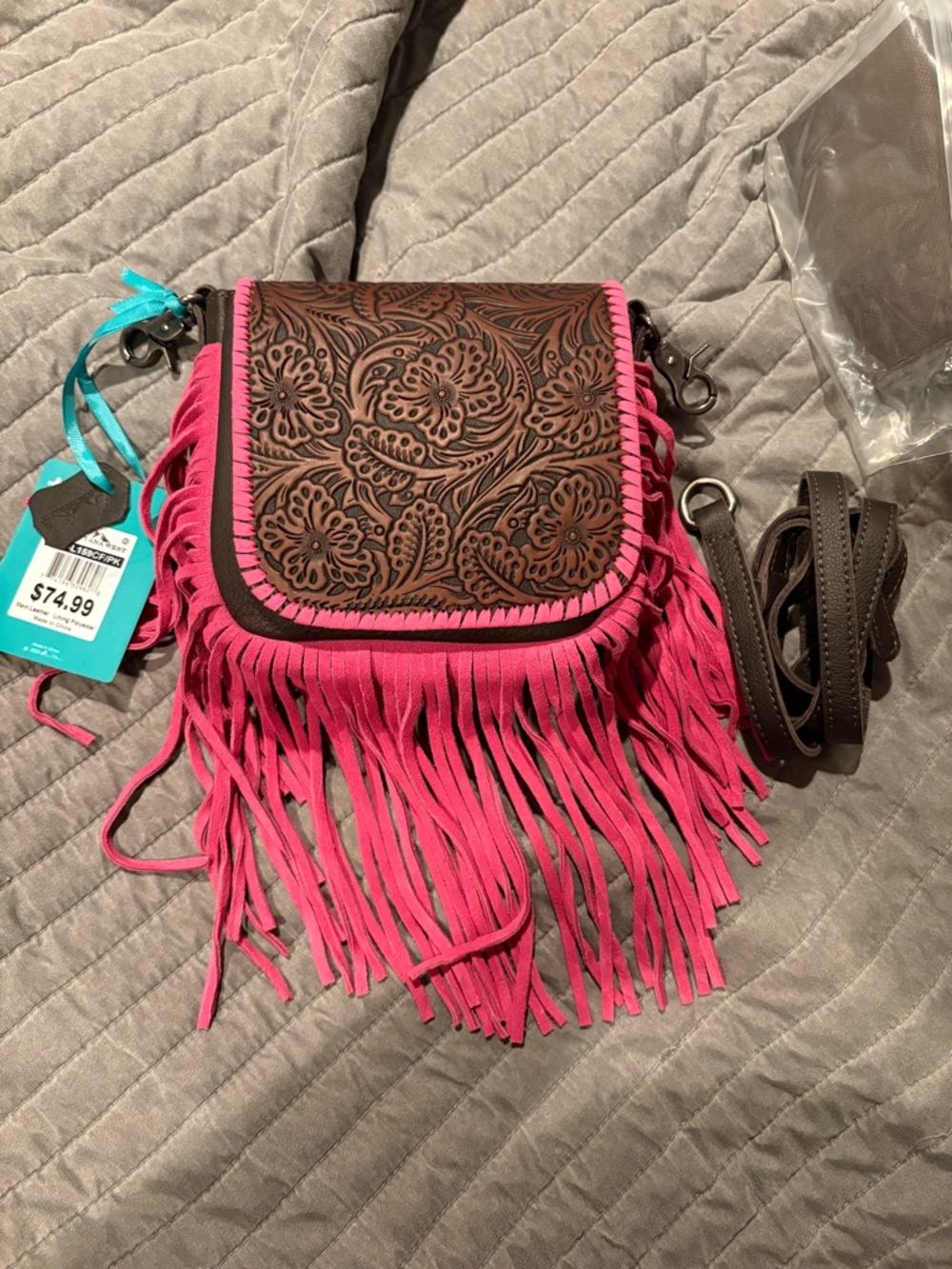 Montana West Fringed Floral Tooled Crossbody Bag in Hot Pink and Brown BRAND NEW